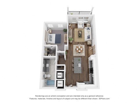 Floor plan for 1 bed, 1 bath, 777 sqft